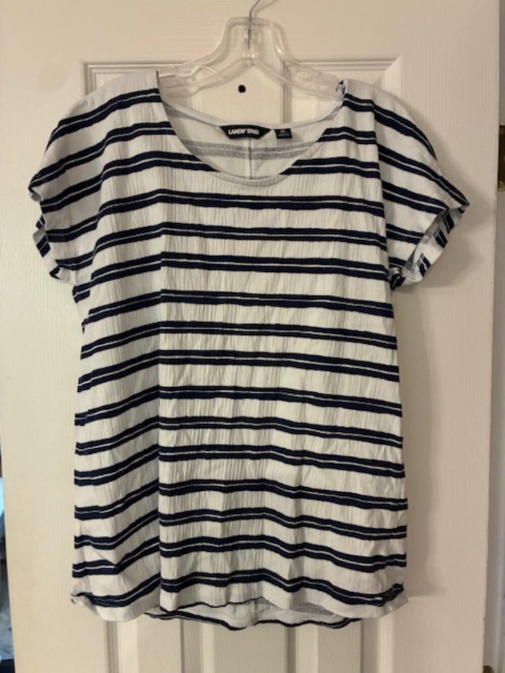 Lands End Women's White Blue Stripe Nautical Coastal Knit Tee Size M/ 10-12